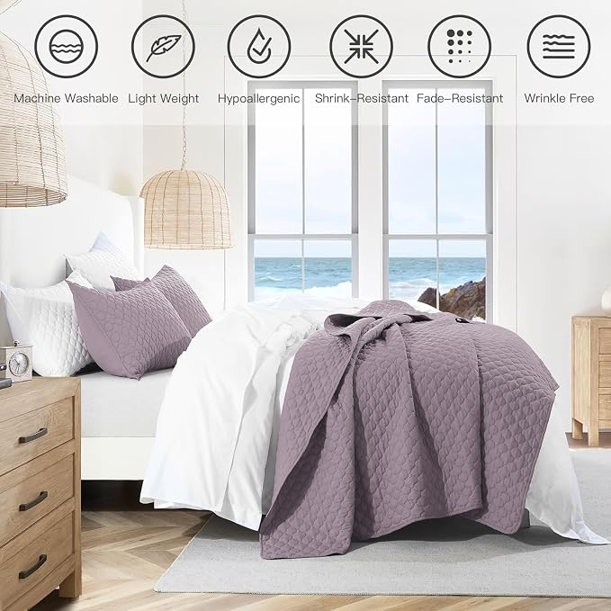 HORIMOTE HOME Quilt Queen Size Grayish Purple, Lightweight Quilts for Summer Ultra-Soft Microfiber Modern Style Quilted Clouds Pattern Bedspread Quit Set 3 Pieces(1 Quilt and 2 Pillow Shams)