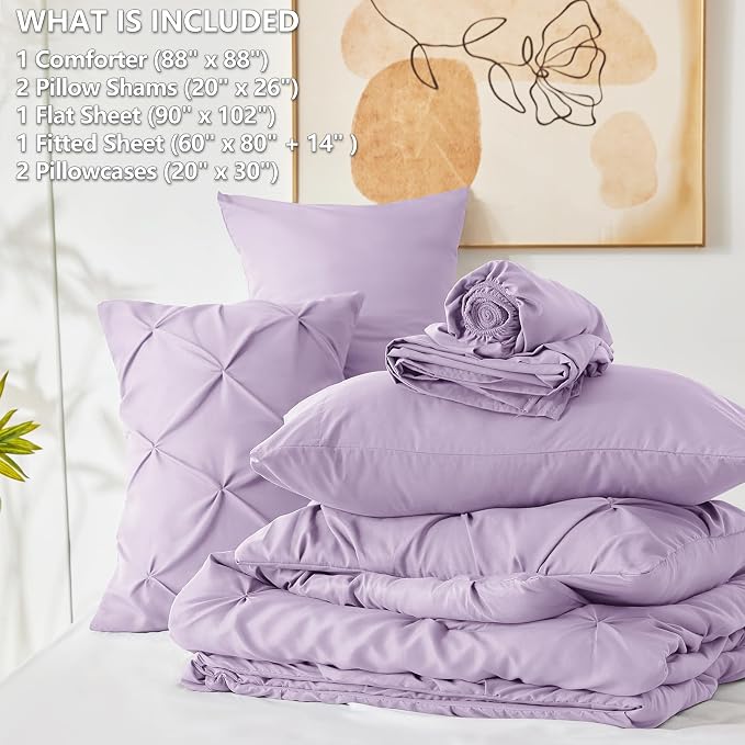 Queen Comforter Set Lavender, 7 Pieces Pintuck Bed in a Bag | OEKO-TEX 100 Certified, 240GSM All Season, Bedroom, Guest Room, Down-Alternative Comforter, Sheets, Pillowcases & Shams