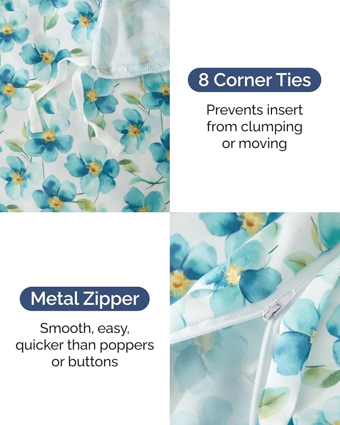 Duvet Cover Full Size - Soft Floral Duvet Cover - 3 Piece - Blue Peony | Soft Floral Duvet Cover 80 x 90 with 2 Pillow Shams, Zipper Closures & Ties, Floral Bedding for Women, Men, Kids & Teens