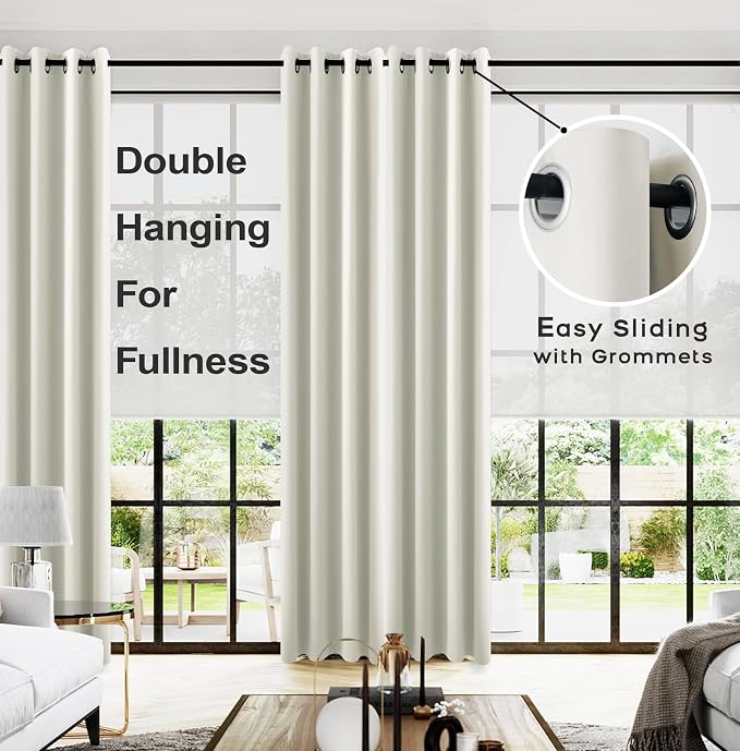 KOUFALL 105 Inch Curtains for Bedroom Living Room, Blackout Room Darkening Grommet Thermal Thick Luxury Curtain Drapes for Sliding Glass Patio Doors,Set 2 Two Panels, 105 in Length, Cream Beige