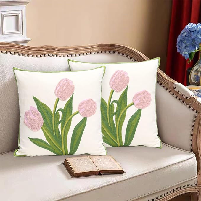 Pack of 2 Embroidered Decorative Throw Pillow Cover 18x18 Inch Farmhouse Floral Pillowcase for Living Room Sofa Bed (Pink Tulip)