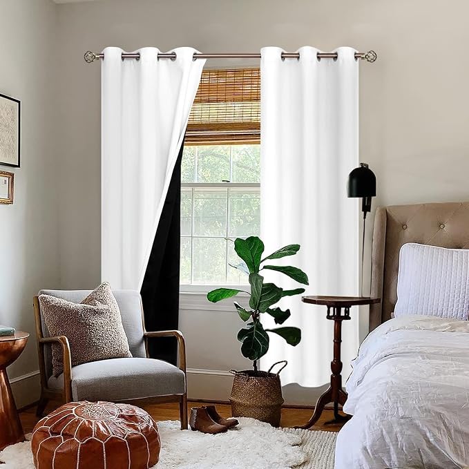 BGment Thermal Insulated 100% Blackout Curtains for Bedroom with Black Liner, Double Layer Full Room Darkening Noise Reducing Grommet Curtain (38 x 84 Inch, Pure White, 2 Panels)