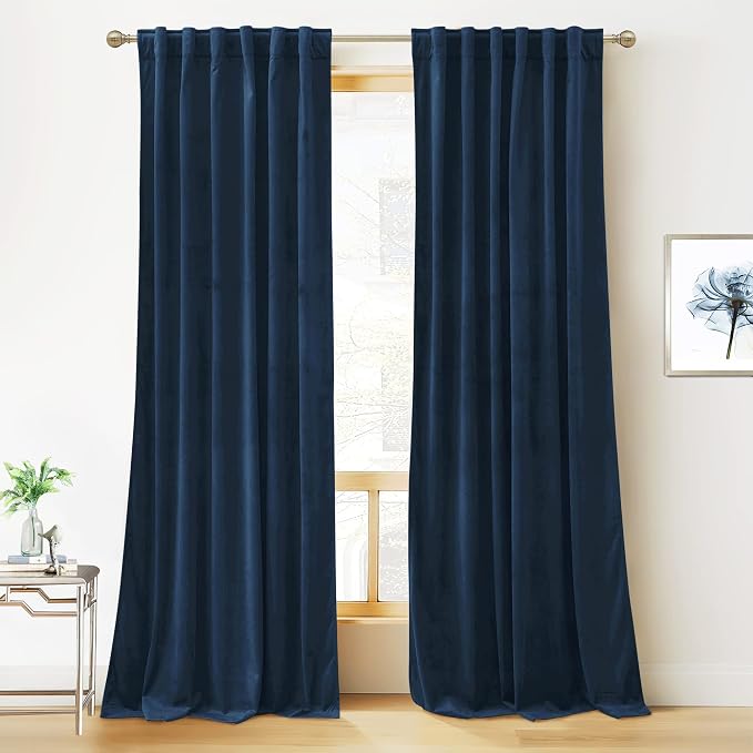 RYB HOME Blue Velvet Blackout Curtains for 84 inches Bedroom Living Room | Thermal Insulated, Privacy UV Block, Noise Reducing, Energy Saving, Luxury Window Decor for Kids, W52 x L84, Navy, 2 Panels