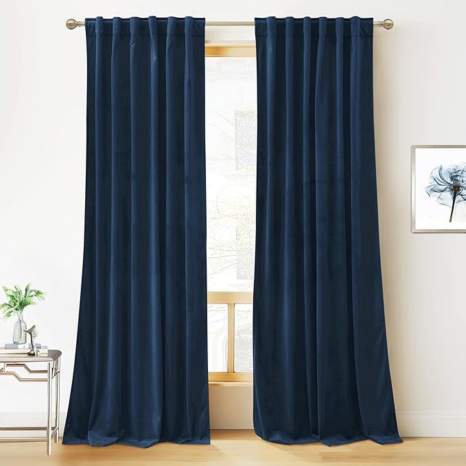 RYB HOME Velvet Curtains 120 inches Long, Extra Long High Ceiling Curtains | Thermal Insulated, Room Darkening, Luxury Decor for Villa Room Large Sliding Patior Door, Navy Blue, W52 x L120, 2 Panels