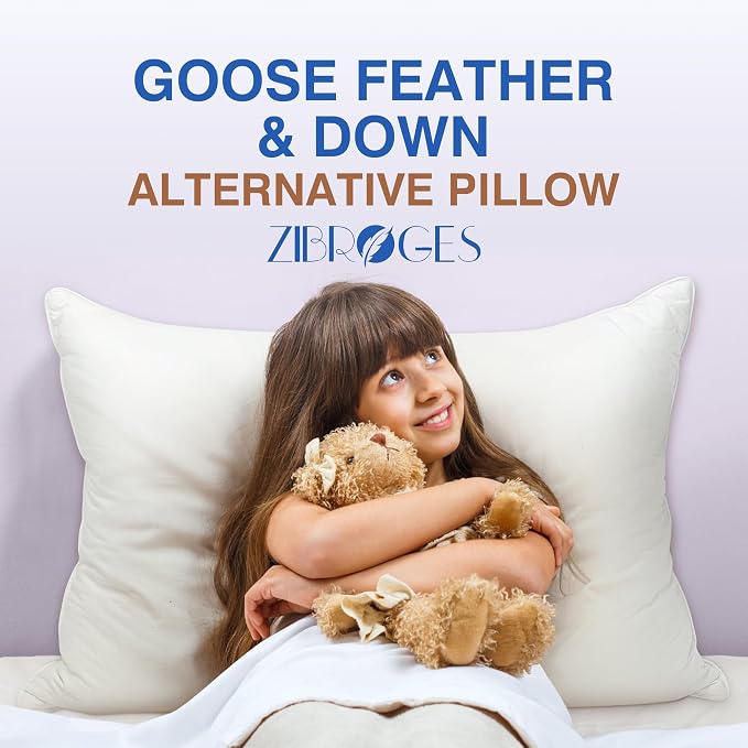 Feather Pillows Queen Size Set of 2 - Goose Down Hotel Bed Pillow for Sleeping, Soft Organic Cotton Shell Cover, Fluffy Support Surround Fill Polyester for Side, Back and Stomach Sleepers
