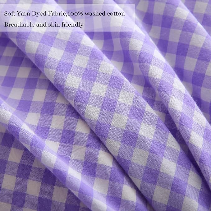 Silnuo Purple/White Gingham Ruffle 3-Piece Duvet Cover Set Queen Size | 100% Washed Cotton Shabby Checkered Plaid Bedding Set Farmhouse Comforter Set(Queen,Purple/White)