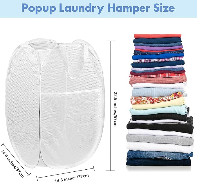 Pop Up Laundry Hamper, 70 L Collapsible Mesh Basket with Side Pocket, White | Reinforced handles, breathable fabric, foldable, portable for dorm college travel camping cruise, dirty clothes, toys storage