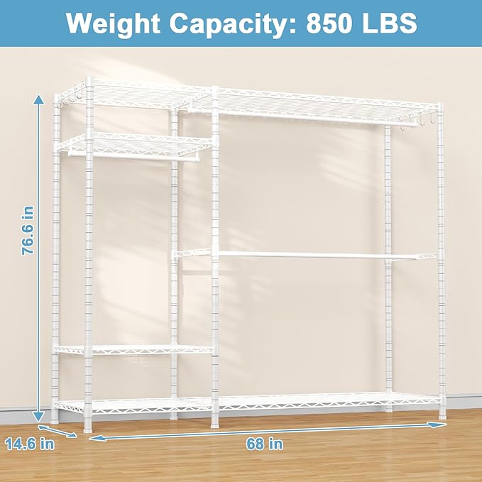 Ulif F7 Plus Clothes Rack, Clothing Racks for Hanging Clothes, White | Heavy Duty Garment Rack, 6-Tiers Freestanding Portable Closet Storage Racks 68'' W × 14.6'' D × 76.6'' H, Max Load 850 Lbs