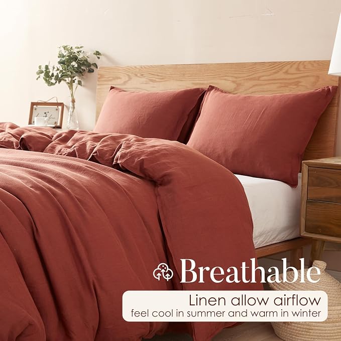 DAPU 100% French Linen Duvet Cover 3Pcs Set, 170GSM Linen Bedding, King | Soft Breathable All-Season for Hot sleepers, Corner Ties & Zipper Closure, French Linen Flax from Normandy, Rust Red