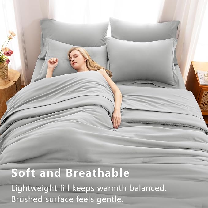 King Size Comforter Set Light Grey, 7 Pieces Bed in a Bag | OEKO-TEX Certified, All-Season, Bedroom, 240GSM Down Alternative Comforter, Flat & Fitted Sheets, 2 Pillowcases & 2 Shams
