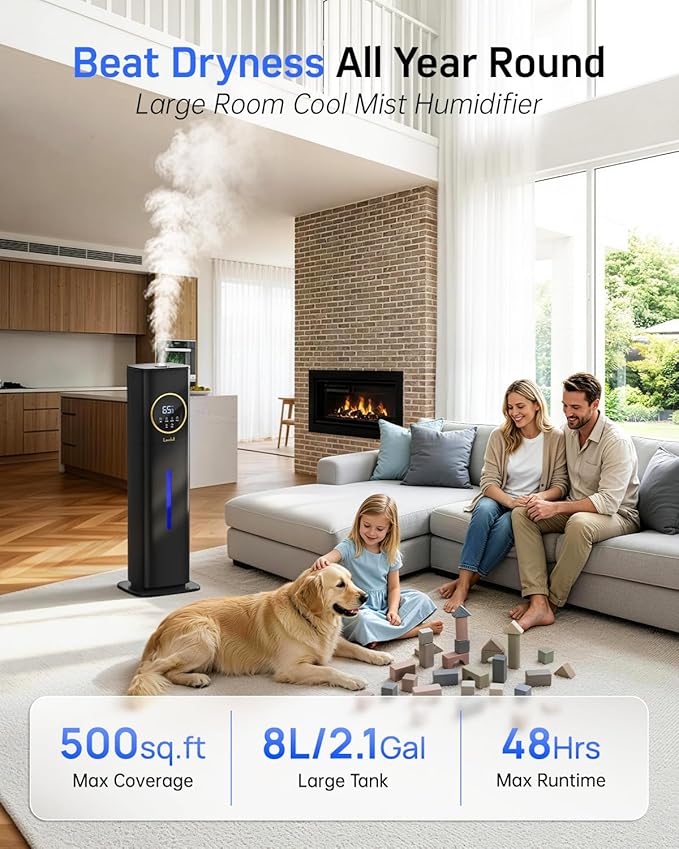 LACIDOLL Humidifiers for Bedroom 500 sq ft, 2.1Gal/8L Humidifier large room | Night Light & Essential Oil Diffuser, Top Fill Large Room Humidifiers for Home Baby Nursery Office Plants, Black