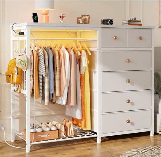 EnHomee 49.2" W Dresser with Hanging Rack & 6 Drawers, Grid Panel & 4 Hooks | Featuring LED Lights and Charging Station, Wooden Top Organize Unit for Bedroom, Chest of Drawers with Steel Frame, White
