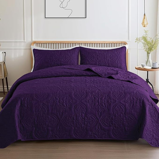 Whale Flotilla Twin Quilt Bedding Set Vintage Damask Reversible Bedspread | Suitable for Bed, 2 Pieces Purple Lightweight Breathable Quilts Twin Size, Ultrasonic Coverlet Bed Cover with 1 Pillow Sham