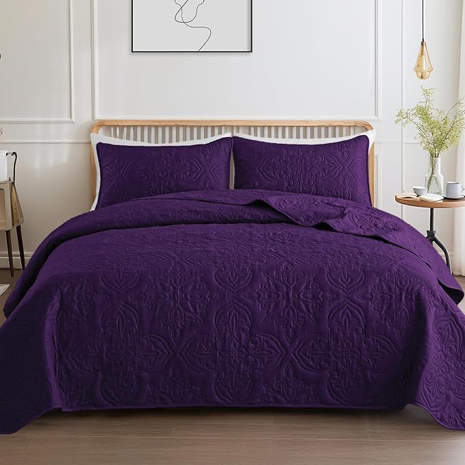 Whale Flotilla King Quilt Bedding Set Vintage Damask Reversible Bedspread | Suitable for Bed, 3 Pieces Purple Lightweight Breathable Quilt King Size, Ultrasonic Coverlet Bed Cover with 2 Pillow Shams