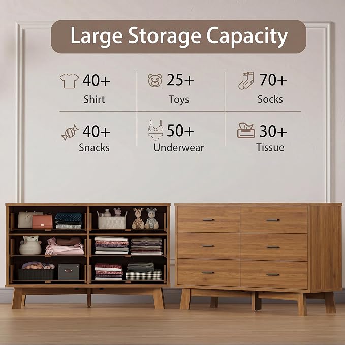 Dresser for Bedroom with 6 Drawer, Modern Chest of Drawers with X-Shaped Sturdy Base, Wide Wood Double Dresser Closet Clothes Storage Organizer, Wooden TV Stand for Living Room, Hallway, Walnut