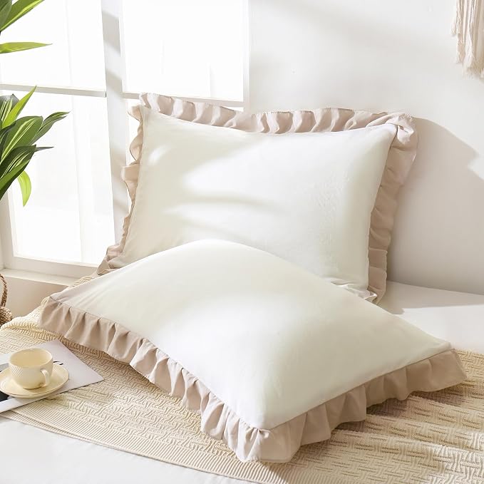 Merryword Beige Pillow Ruffled Shams White and Beige Reversible Standard Pillowcases Cute Pillow Cover Set of 2 Soft Shabby Chic Pillowcases 2 Pack (Queen (20''x30''), White Beige)