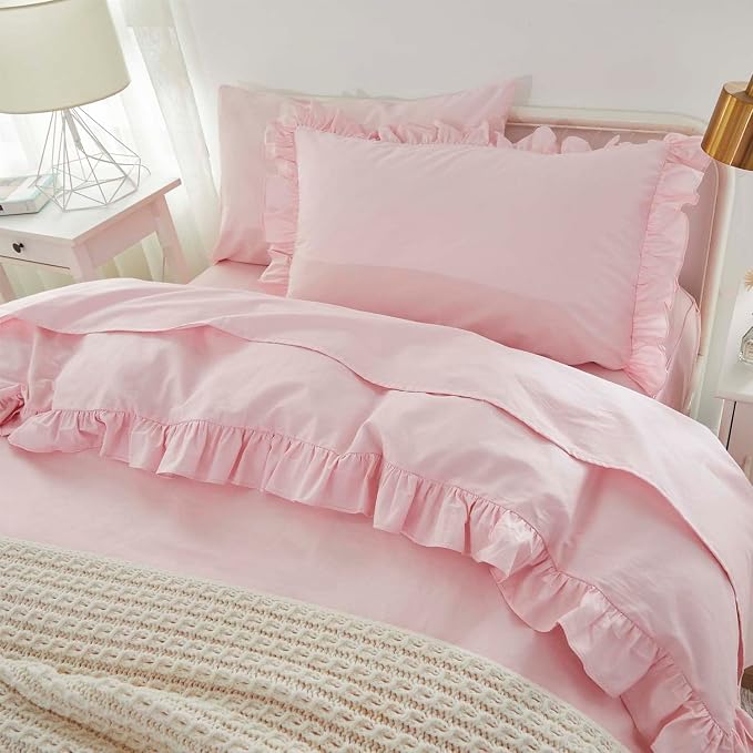 Brandream Kid's Duvet Cover Full/Queen Size,100% Organic Cotton 3Piece Girl Bedding Duvet Cover Set, Ruffled Fringe Solid Color Soft Breathable with Zipper Closure & Corner Ties(Pink)