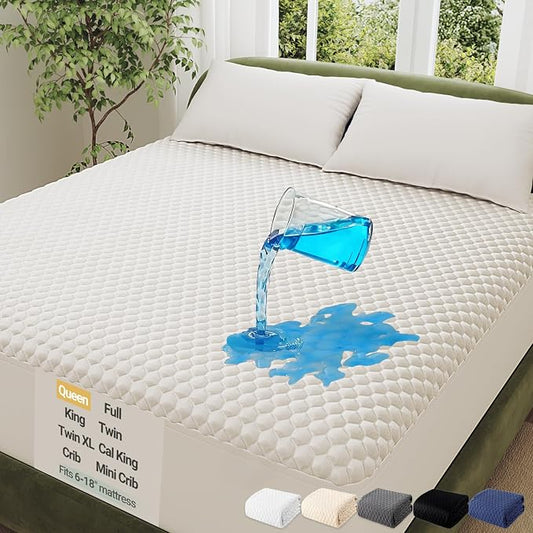 OhGeni 100% Waterproof Mattress Protector,Queen Size Premium Bamboo Soft Thick Pad,3D-Air Fabric Cooling Breathable Fitted Sheets,Washable Bed Cover,Deep Pocket Noiseless Over 99 Count Hex Bumps