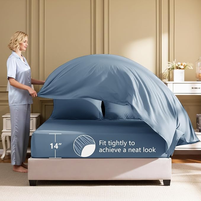 HIMEET King Comforter Set, 7-Piece Point-Quilted Bed in a Bag, Grayish Blue | OEKO-TEX Certified, Lightweight 240 GSM Comforter, Flat Sheet, 14-Inch Deep-Pocket Fitted Sheet, Pillowcases & Shams
