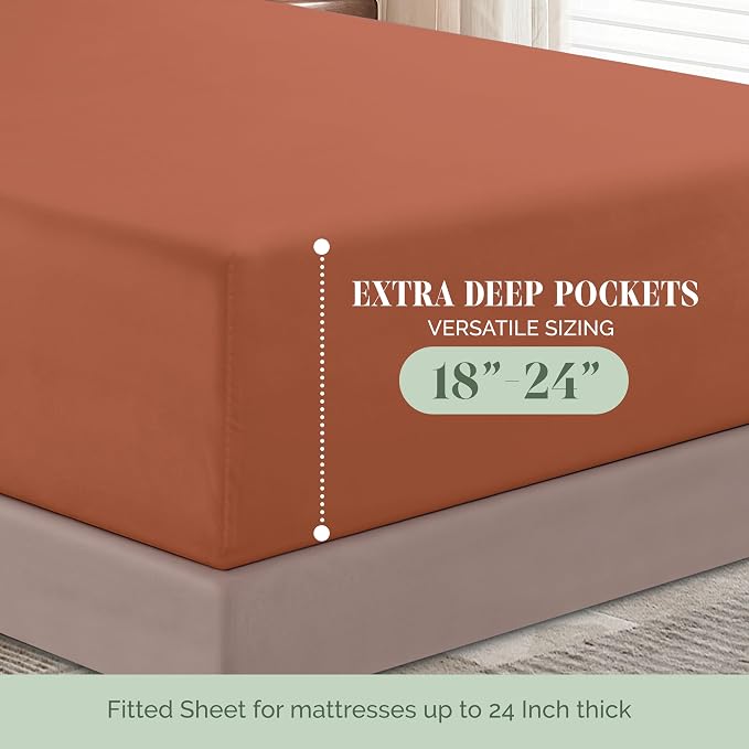 Elegant Comfort Luxurious 1500 Premium Hotel Quality Microfiber 4-Piece Sheet Set, 18-24 Inches Deep - Extra Deep Pocket Sheets - Ultra Soft 4PC Deep Pocket Sheets, Queen, Coral
