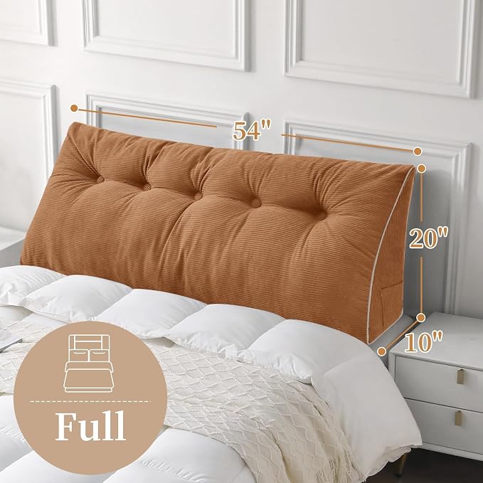 Sasttie Headboard Pillow Full, Wedge Pillow Headboard, Caramel | Triangle Backrest Cushion for Sitting or Reading in Bed, Dorm Essentials, OEKO-TEX, Down Alternative Fill, Side Pockets
