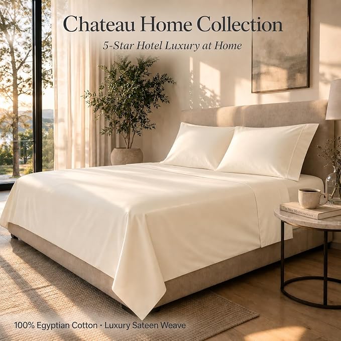 Egyptian Cotton King Size Sheets Set, Sateen Weave King Sheets Set - Ivory | 15" Deep Pocket Sheet & Pillowcases, 800 Thread Count, 4-Piece, Silky Soft & Naturally Cooling, OEKO-TEX Certified Bedding