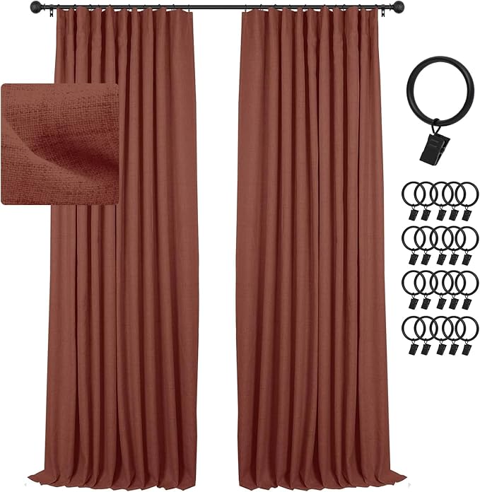 INOVADAY 100% Blackout Curtains for Bedroom Black Out Curtain 108 Inch Long | Terracotta Living Room Curtains 2 Panels, Clip Rings Linen Look Blackout Drapes, Thermal Insulated Room Darkening,W50xL108