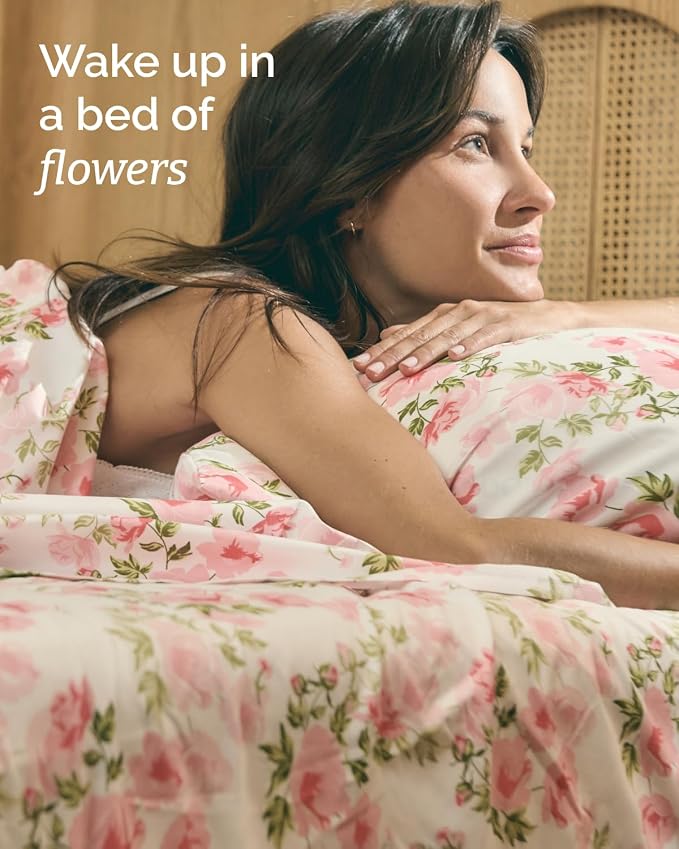 Queen 4 Piece Boho Botanical Floral Sheet Set - Soft & Cooling - Bloom | 1 Flat, 1 Fitted & 2 Pillowcases w/ Deep Pockets, Boho Botanical Floral Bedding, Breathable & Cooling, Wrinkle & Fade Free