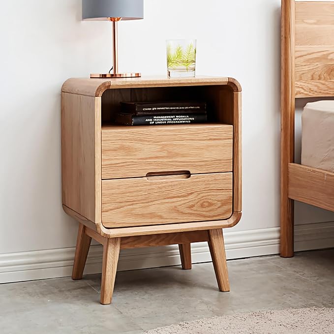 Solid Wood Nightstand Set of 2, Mid Century Modern Nightstands, Small Nightstand with 2 Drawers and Open Storage, Small Bedside Table for Bedroom, Living Room, Dormitory(Natural Wood Color)
