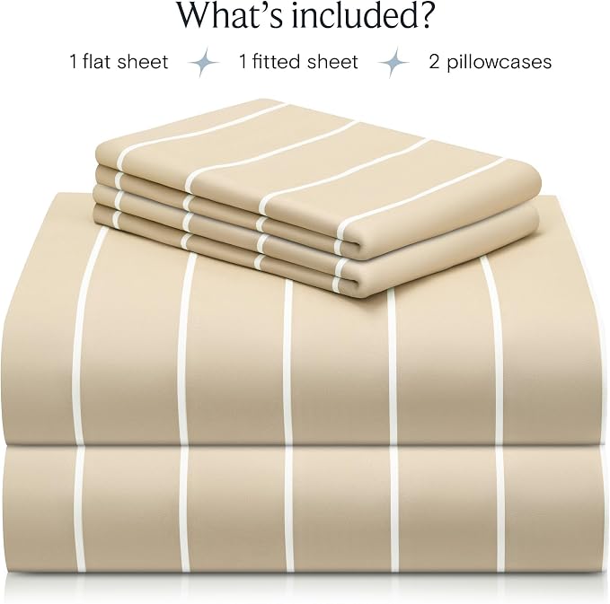 LuxClub 4 PC Queen Size Sheet Set, Breathable Luxury Bed Sheets, Deep Pockets 18" Wrinkle Free Cooling Machine Washable Hotel Bedding (Striped Cream) | LuxClub Silky Fitted Sheet & Pillowcase Sets, Breathable Hotel Luxury Bedding for Mattress Wrinkle F...