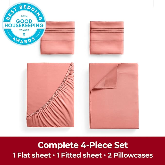 Mellanni Iconic 4-Piece, Ultra Soft Sheet Set (Queen, Coral) | 10M+ Sleepers. Lab-tested: Sleeps Cool, Stays Bright, Strong, Smooth. Good Housekeeping Best Bedding, 7 yrs running.