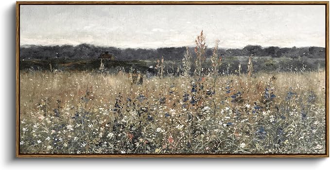 InSimSea Extra Large Framed Vintage Wall Art, Flower Meadow Prints,20x40In | Living Room Country Farmhouse Decor, Canvas Landscape Paintings, Retro Long Pictures for Bedroom Above of Bed