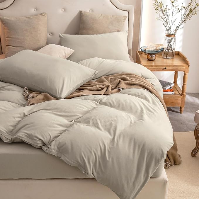 PURE ERA Jersey Knit Sheet Set Solid Dark Beige Twin | 100% Cotton, 3 Piece Set, T Shirt Soft, Breathable, Envelope Closure Pillowcases, Hidden Zipper, 8 Ties, No Insert, Modern
