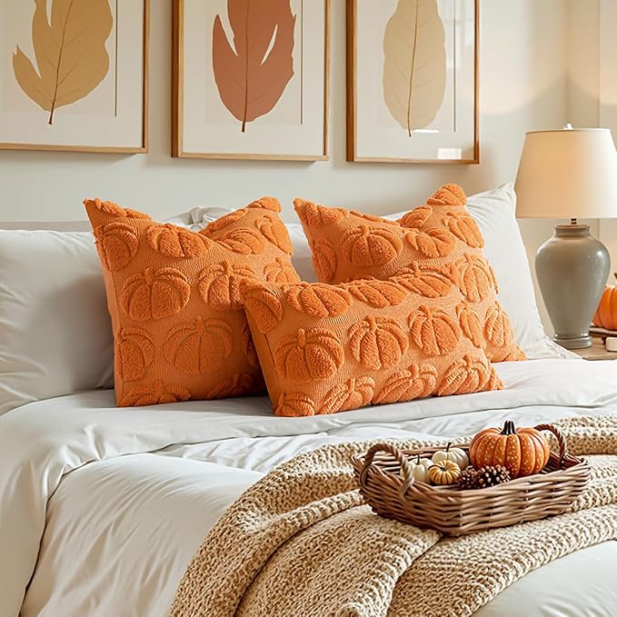 MIULEE Fall Pillow Covers Pumpkin Fall Decor Lumbar 12x20 Orange | Set of 2 Fall Decorations for Home, Plush Faux Fur Farmhouse Accent Pillowcases, Porch Sofa Couch Cushion Bed Livingroom