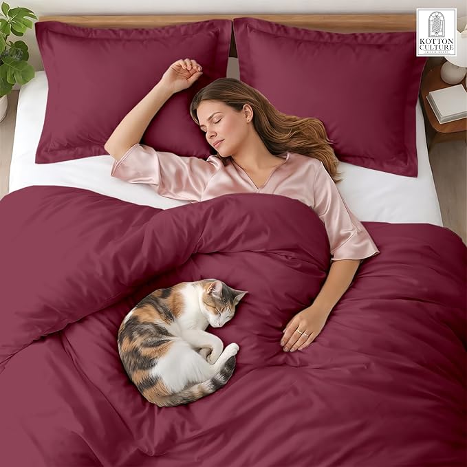 3 Pc 120" x 98" Duvet Cover Set Oversized King 100% Egyptian Cotton - 600 Thread Count Comforter Cover, Zipper Closure & Corner Ties - Fits Large King Inserts - Red Burgundy