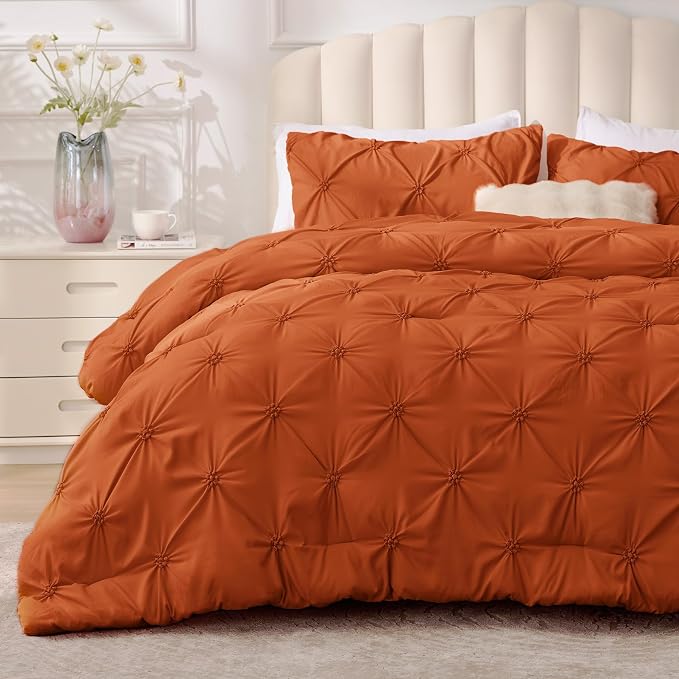 BEDELITE Queen Comforter Set Burnt Orange,Lightweight & Soft Comforter | Pintuck Boho Bedding, Warm & Cute Bed Set for All Season,With 2 Pillowcases