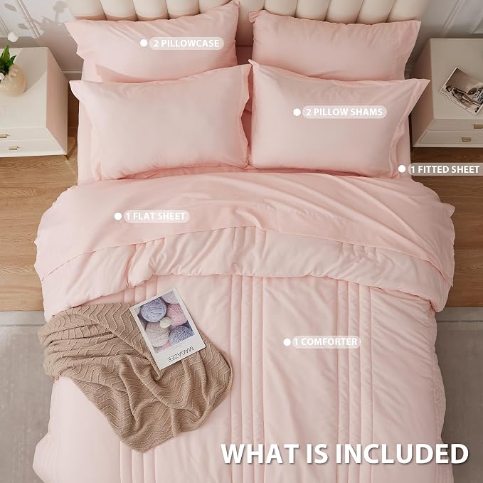 Full Comforter Set Pink - Bed in a Bag Full Size 7 Pieces, Soft Bedding Set for All Seasons, Premium Comforter Set with Comforter, Sheets, Pillowcases & Shams