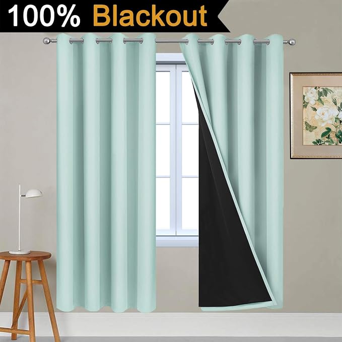 Yakamok Aqua 100% Blackout Curtains 72 Inches Long for Bedroom 52" Wide | Blackout Curtain Panels for Bedroom, 2 Thick Layers Grommet Top Thermal Insulated Drapes with Black Liner for Living Room