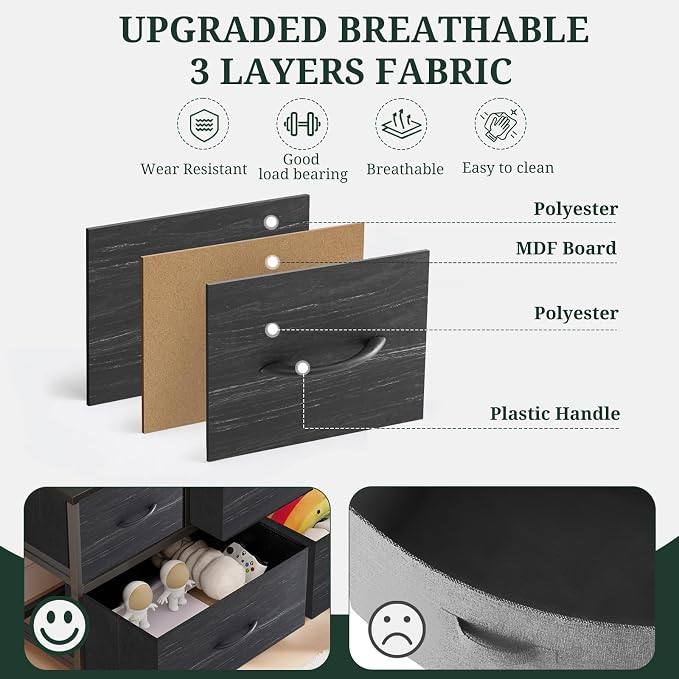 5-Drawer Dresser for Bedroom, Anti-Tip Wide Storage Organizer Fabric | Chest of Drawers TV Stand for 45" TV with Wooden Top Metal Frame for Closet, Living Room, Hallway, Entryway, Charcoal Black
