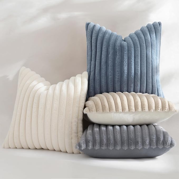 decorUhome Fall Faux Fur Throw Pillow Covers 24x24 Set of 2 Grey Blue | Decorative Soft Cozy Striped Plush Modern Farmhouse Boho Couch Pillow Cases Velvet Back for Sofa Bed Living Room Home Decor