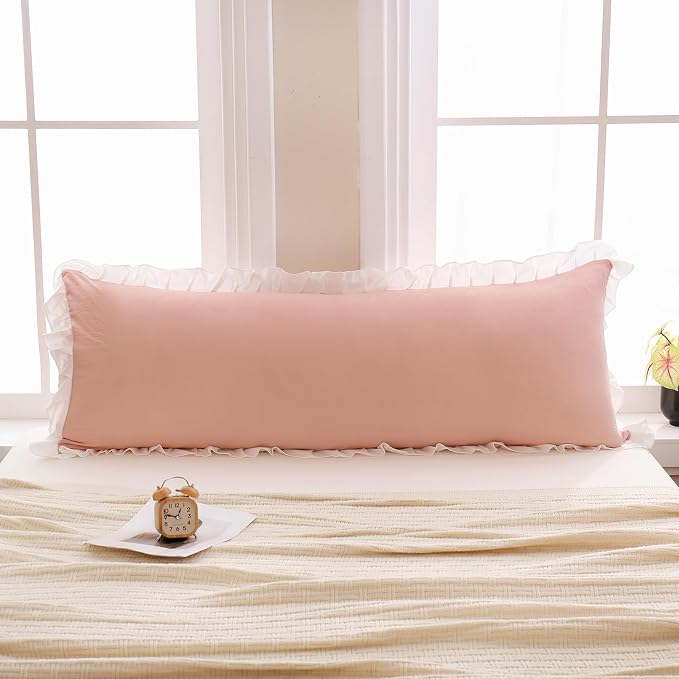 Merryword Pink Body Pillow Cover 20x54inches Reversible Long Pillowcase Ruffled Body Pillowcases Cute Pillowcase Pillow Sham (1 Body, Pink White)