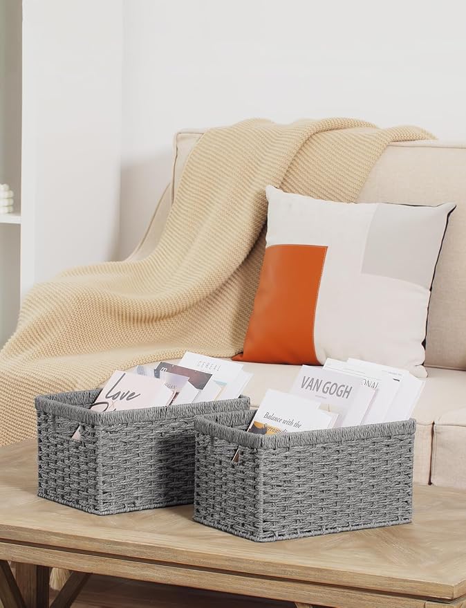 StorageWorks Wicker Storage Baskets, Gray Baskets for Storage, 2-Pack | Paper Rope Wicker Storage Baskets for Shelves, Rectangular Wicker Baskets with Handles, Handwoven Grey Baskets, Woven Baskets