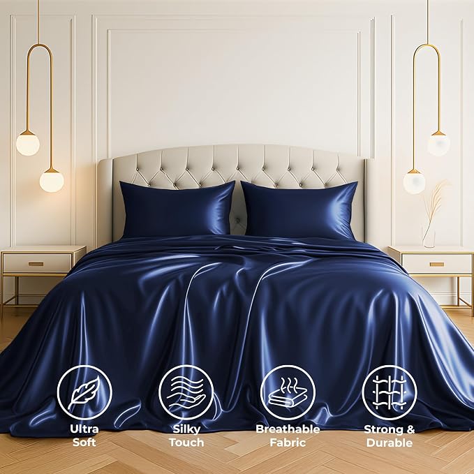 Satin Sheets Full [4-Piece, Midnight Blue] Hotel Luxury Silky Bed Sheets - Extra Soft 1800 Microfiber Sheet Set, Wrinkle, Fade, Stain Resistant - Deep Pocket Fitted Sheet, Flat Sheet, Pillow Cases