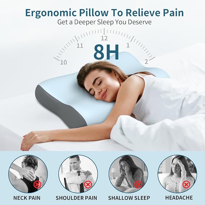 Cervical Neck Pillow, Contour Memory Foam Pillows for Neck Pain Relief, Ergonomic Pillow for Sleeping, Orthopedic Bed Pillow Neck Support Pillow for Side Back Stomach Sleepers(Blue&Grey)