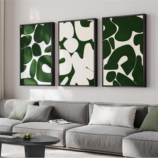 Large Framed Green White Abstract Wall Art for Living Room, 3 Piece 24x36 | Mid-century modern pictures, Canvas prints, Wood frame, Minimalist wall paintings, Wall decor for bedroom entryway hallway