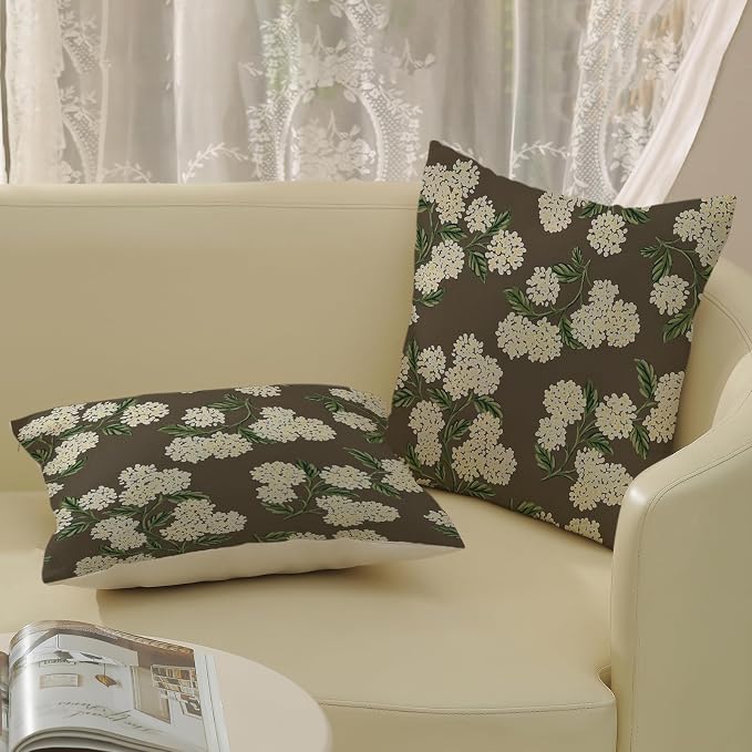 Brown Spring Pillow Covers 16x16 Inch 2 Pcs Green Yellow Hydrangea Flower Decor Throw Pillows Vintage Floral Seasonal Summer Outdoor Decoration Pillowcase Linen Cushion Cover for Couch Sofa