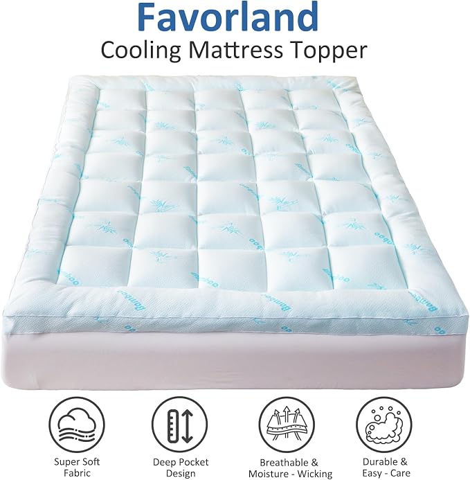 Favorland Mattress Topper Queen Size - Cooling Extra Thick Breathable Viscose Made from Bamboo Mattress pad - Soft Quilted Fitted Mattress Cover with 900 GSM Down Alternative Fill (8-21”Deep Pocket)