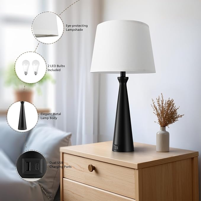 Modern Touch Lamps for Nightstand, 3 Way Dimmable Bedroom Lamp Set of 2 | USB C+A Charging Ports, Black Bedside Lamps for Bedroom, Living Room, End Table, Bed Side, LED Bulb Included