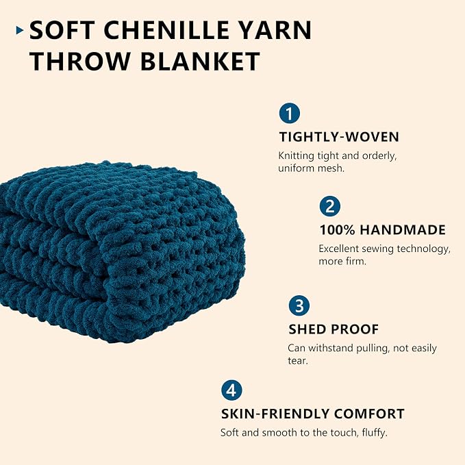 L'AGRATY Chunky Knit Throw Blanket for Couch, 50'' x 60'' Knit Throw, Blue | Handmade Chenille Crochet Blanket for Sofa Bed, Thick Cable Knitted Blankets for Room Home Decor, Birthday Gift for Women Mom