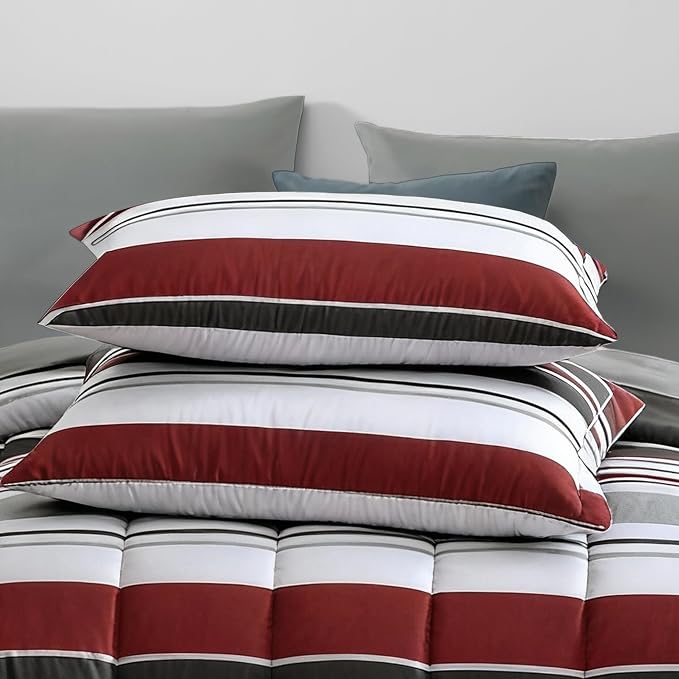 Monbix Full Size Comforter Sets - 7 Pieces Bed in a Bag Full Bedding Set | Red and Black Striped Reversible Soft All Season Comforter Bed Set with Sheets, Pillowcases & Shams